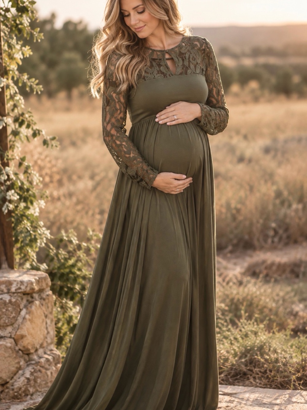 Olive Lace Maternity Maxi - Elegant Long Sleeve Gown perfect for photo shoot